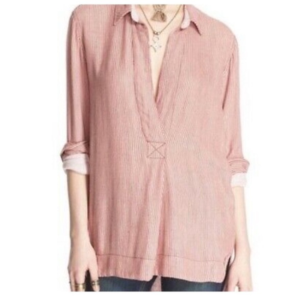 FREE PEOPLE On The Road Striped Oxford Tee Tunic Cranberry V-neck blouse - Picture 2 of 12